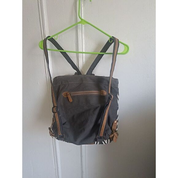 Myra Womens Grizzle Cowhide Upcycled Canvas Leather Gray Backpack Patchwork main image 7